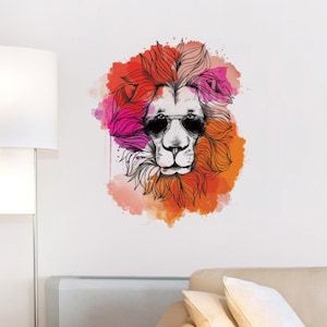 May include: A black and white line drawing of a lion's face wearing sunglasses, set against a watercolour background of pink, orange, and red.