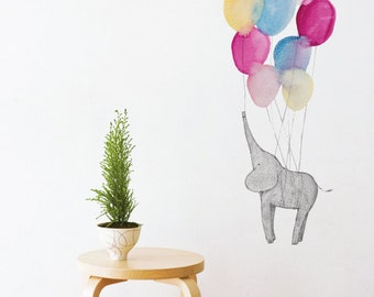 Elephant On Balloons Wall Sticker Decal | Nursery Wall Stickers, Animal Wall Decals, Home Decor, Baby Room, Wall Art, Girl, Boy