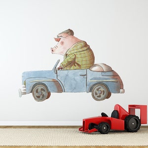 Pig Driving Car Wall Sticker Decal | Kids Wall Stickers, Animals Wall Stickers, Childrens Wall Decals, Wall Art, Kids Room, Girl, Boy