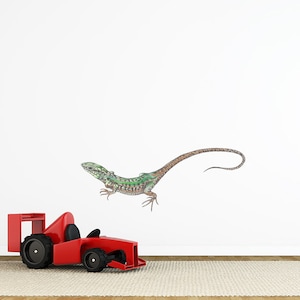 Puede incluir: Un lagarto verde y marrón con una cola larga se muestra en una pared blanca. El lagarto está mirando hacia el lado izquierdo de la imagen. Un coche de carreras de juguete rojo está en primer plano.