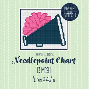May include: A digital needlepoint chart with a navy blue megaphone and pink flower design. The chart includes the text "Name that Stitch", "Printable/Digital", "Needlepoint Chart", "13 Mesh", and measurements of 5.5 in x 4.7 in.