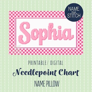 Puede incluir: Un patrón de punto de aguja digital imprimible para un cojín con nombre que muestra el nombre Sophia en letras rosas pixeladas. El diseño incluye un borde a cuadros rosa y blanco sobre un fondo verde claro con líneas onduladas blancas.