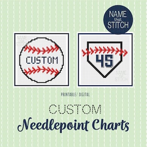 May include: Two custom needlepoint charts with baseball themes. One chart features a baseball with the word "CUSTOM" and the other shows a home plate with the number "45". The text "Printable/Digital" and "Custom Needlepoint Charts" are also included.