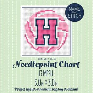 May include: A printable digital needlepoint chart featuring a pink letter H with a dark blue outline, set against a white grid background. The text reads NAME THAT STITCH, PRINTABLE/ DIGITAL Needlepoint Chart, 13 MESH, 3.0in x 3.0in.