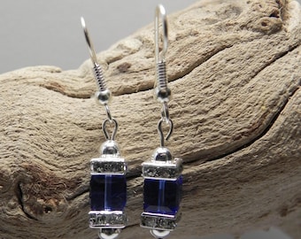 Handmade Sapphire December birthstone Swarovski Crystal Cubes Earrings,  Gift for Mom, Grandmother, Wedding, Bridesmaid, for Her