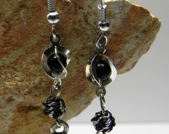 Handmade Dangle Earrings, Decorative Facetted Onyx, Onyx Caged Bead with Silver Accents, Gift for Mom, Grandmother, Wedding, Bridesmaid.