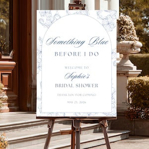Algo azul antes de que me despida. Letrero de bienvenida para despedida de soltera de estilo chinoiserie, letrero de despedida de soltera con estampado toile francés, editable en Canva.