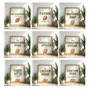 May include: Nine framed signs with football themes. Each sign has a wooden frame and features text in green and brown, along with a football graphic. The signs read: Autographs, Favors, Souvenir Shop, Concession Stand, Tackle Your Appetite, Hydration Station, Cards & Gifts, Locker Room, and Custom Sign.