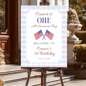 One All American Boy 1st Birthday Welcome Sign Template, Blue Gingham Patriotic Birthday Decor, Edit in Canva