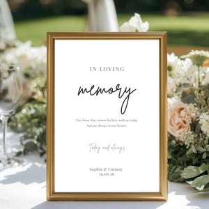 Può includere: Un cartello con cornice dorata con le parole "IN LOVING MEMORY" in elegante scrittura. Il cartello include un testo sul ricordo dei propri cari e i nomi di Sophia & Connor con una data. Lo sfondo comprende fiori e bicchieri.