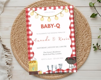 Baby-Q babyshower uitnodiging, sjabloon babyshower uitnodiging barbecue thema, achtertuin tuin barbecuefeest, genderneutraal, bewerken in canva