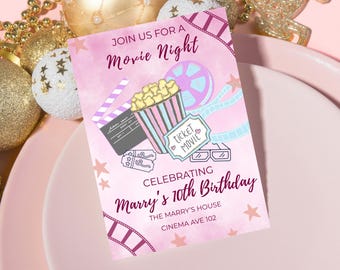 May include: A pink movie night invitation with illustrations of popcorn, film reel, clapperboard, and 3D glasses. The invitation reads "Join us for a Movie Night" and celebrates Marry's 10th Birthday.