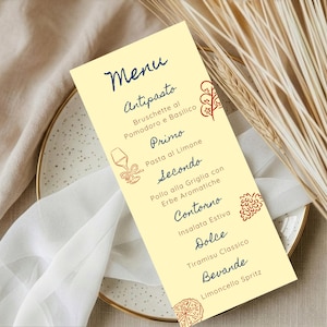 May include: A rectangular pale yellow menu card featuring dark blue text and red line art illustrations. The text reads Menu, Antipasto, Bruschette al Pomodoro e Basilico, Primo, Pasta al Limone, Secondo, Pollo alla Griglia con Erbe Aromatiche, Contorno, Insalata Estiva, Dolce, Tiramisu Classico, Bevande, Limoncello Spritz.