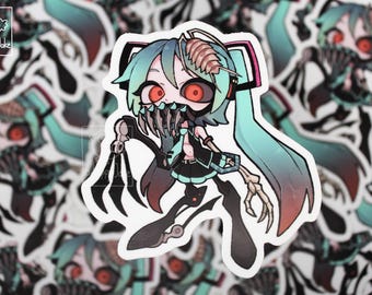 May include: A die-cut sticker featuring a stylized anime-inspired character with teal hair, red eyes, and a skeletal mask. The character wears a black outfit with teal accents, has claw-like hands, and a small insect-like creature on their head.
