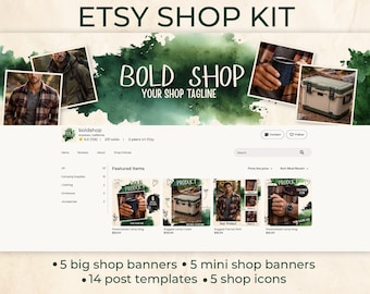 Maskuliner Etsy Shop Branding Kit | Dunkelgrüne Aquarell Vorlagen