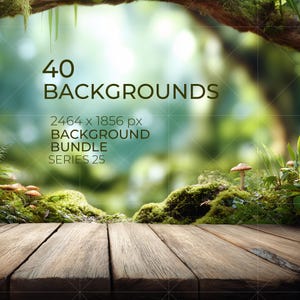 Op de afbeelding: Een digitale collectie van 40 achtergronden met een houten oppervlak op de voorgrond, een bemoste bosbodem, kleine paddenstoelen en wazig groen gebladerte op de achtergrond. De tekst luidt 40 BACKGROUNDS 2464 x 1856 px BACKGROUND BUNDLE SERIES 25.