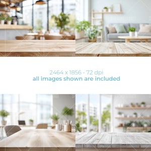 May include: A composite image featuring four different views of wooden tables in various settings. The backgrounds are blurred, showcasing interior spaces like a cafe and a living room. Text at the center reads "2464 x 1856 - 72 dpi all images shown are included."