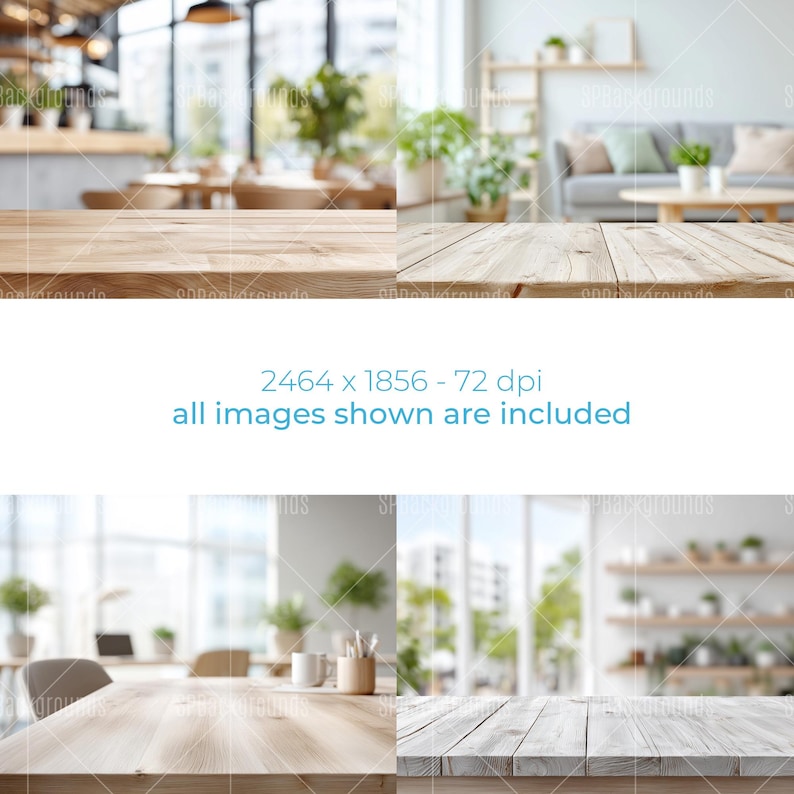 May include: A composite image featuring four different views of wooden tables in various settings. The backgrounds are blurred, showcasing interior spaces like a cafe and a living room. Text at the center reads "2464 x 1856 - 72 dpi all images shown are included."