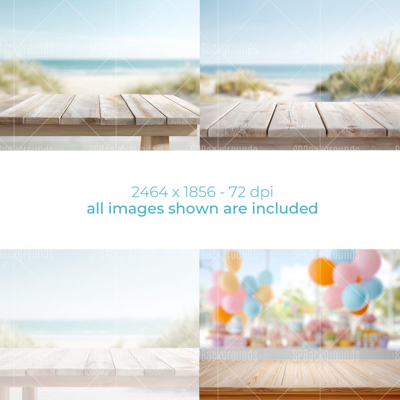 May include: A composite image featuring four different backgrounds. The top two images show a wooden table with a blurred beach scene in the background. The bottom two images show a wooden table with a blurred party scene in the background. Text reads: "2464 x 1856 - 72 dpi all images shown are included."