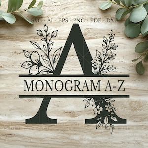 Könnte beinhalten: Ein dunkelgraues Monogramm in Form des Buchstabens A mit integrierten Blumen- und Blattillustrationen, dem mittig platzierten Text MONOGRAM A-Z sowie dem darüber stehenden Schriftzug SVG - AI - EPS - PNG - PDF - DXF.