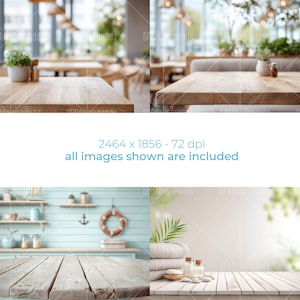 May include: A composite image featuring four different backgrounds. The top two images show wooden tables in a restaurant setting, with plants and soft lighting. The bottom images display a coastal theme with a wooden table, shelves, and spa elements.