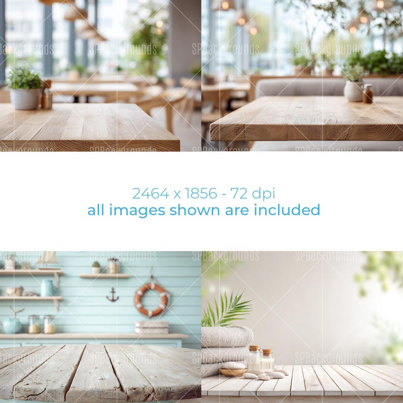 May include: A composite image featuring four different backgrounds. The top two images show wooden tables in a restaurant setting, with plants and soft lighting. The bottom images display a coastal theme with a wooden table, shelves, and spa elements.