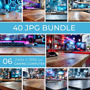 May include: A collection of images featuring gaming computer setups. The images showcase wooden desks, keyboards, and computer monitors with vibrant lighting. Text on the image reads "40 JPG BUNDLE" and "06 2464 X 1856 px GAMING COMPUTER."