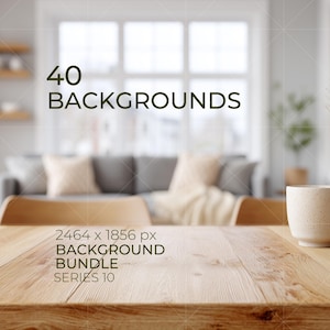 Könnte beinhalten: Ein digitales Produktpaket mit 40 Hintergründen, mit dem Text 40 BACKGROUNDS, 2464 x 1856 px, BACKGROUND BUNDLE und SERIES 10. Das Bild zeigt eine helle Holztischoberfläche mit einer gesprenkelten Keramiktasse im Vordergrund.