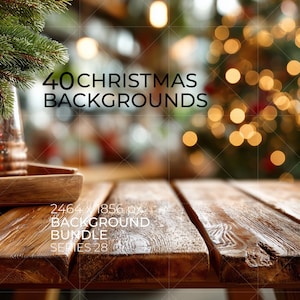 Può includere: Un prodotto digitale che mostra una superficie di tavolo in legno marrone scuro rustico con un ramo di pino in un vassoio di legno. Il testo recita 40 CHRISTMAS BACKGROUNDS e 2464 x 1856 px BACKGROUND BUNDLE SERIES 28 su uno sfondo di luci sfocate.