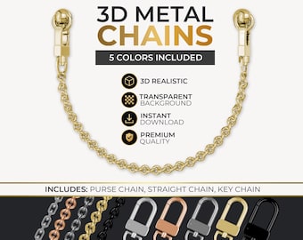 Realistische Metallketten PNG Bundle - Gold, Silber, Geldbörse, Schlüsselanhänger Elemente (Digitaler Download)
