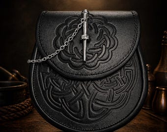 Handmade Real Leather Sporran – Celtic Embossed Pin Lock Kilt Pouch – Scottish Highland Wear for Men
