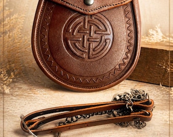 Brown Embossed Celtic Sporran – Traditional Scottish Leather Kilt Pouch with Chain Strap – Hand Crafted