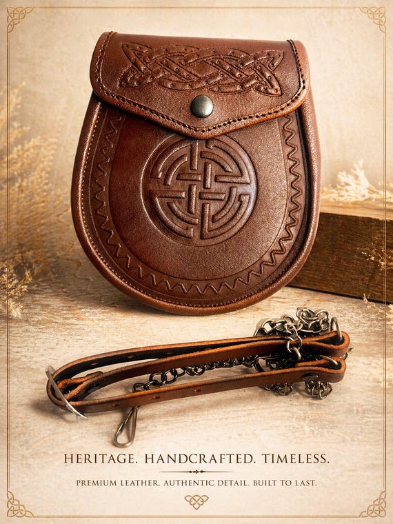 Brown Embossed Celtic Sporran – Traditional Scottish Leather Kilt Pouch with Chain Strap – Hand Crafted