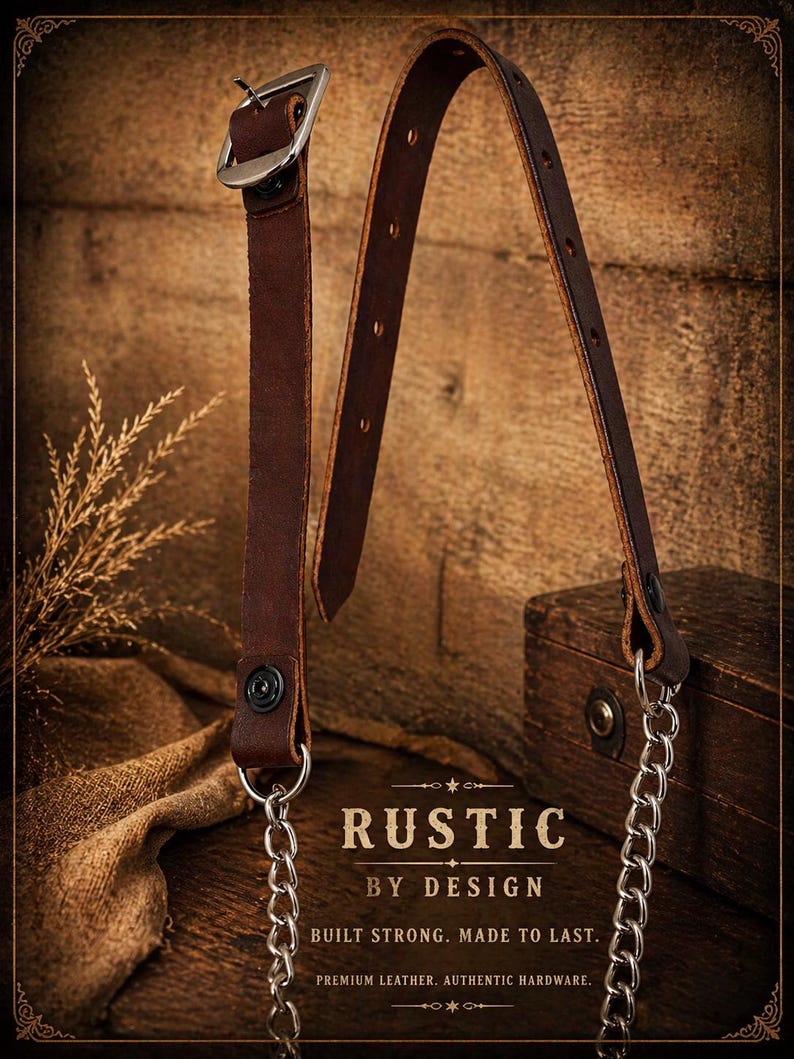May include: A brown leather strap with a silver buckle and chain. The strap has a button closure and is connected to a silver chain. The text "RUSTIC BY DESIGN" is visible.