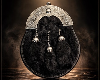 Luxury Black Fur Sporran – Premium Scottish Kilt Pouch with Celtic Cantle – Full Dress Highland Sporran – Wedding & Formal Wear