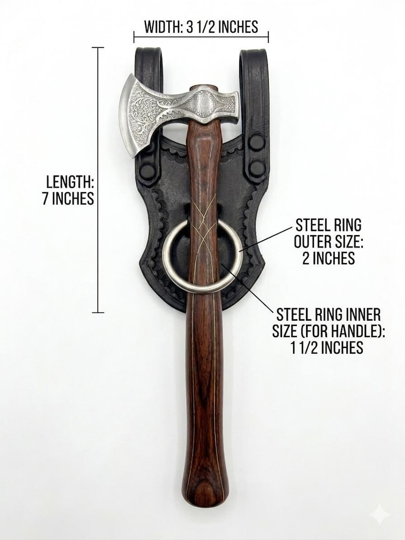 May include: Axe with a wooden handle and a steel head, measuring 7 inches in length and 3.5 inches in width. The axe is held in a black leather sheath with a steel ring. The outer size of the steel ring is 2 inches, and the inner size is 1.5 inches.