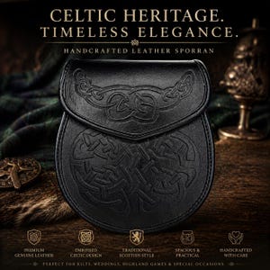 Peut inclure: Sporran en cuir noir avec un motif de n&oelig;uds celtiques en relief. Le sporran a une fermeture &agrave; rabat et un fond arrondi. Le texte sur l'image se lit "Celtic Heritage. Timeless Elegance. Handcrafted Leather Sporran."