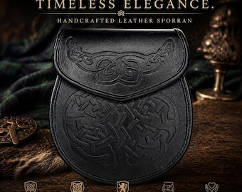 May include: Black leather sporran with embossed Celtic knot design. The sporran features a flap closure and a rounded bottom. Text on the image reads "Celtic Heritage. Timeless Elegance. Handcrafted Leather Sporran."