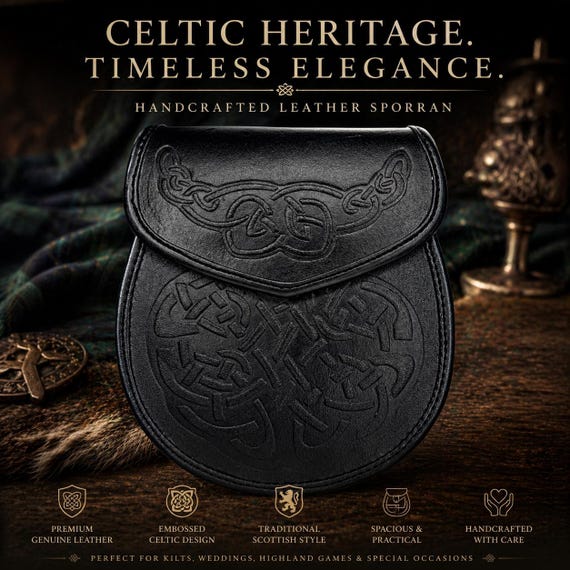 Black Leather Celtic Knot Sporran – Embossed Tree of Life Kilt Pouch – Scottish Highland Dress Accessory – Handmade Traditional Sporran