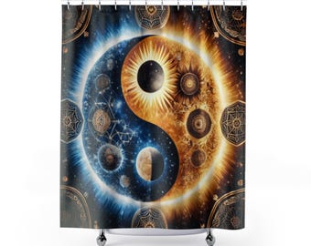 Yin Yang Sun Moon Shower Curtain | Celestial Boho Bathroom Decor (71"x74")