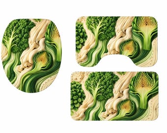 Set da bagno a tre pezzi con simpatici motivi vegetali, decorazioni per il bagno in flanella e tappetino antiscivolo.