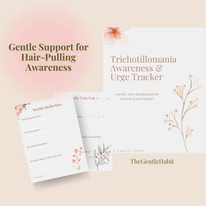 Può includere: Un diario e un tracker beige chiaro con il testo "Trichotillomania Awareness & Urge Tracker" e "Gentle Support for Hair-Pulling Awareness". Il diario include una pagina di riflessione settimanale e un registro giornaliero degli impulsi. Accenti floreali.