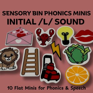 May include: A collection of 10 flat mini sensory bin phonics pieces for speech therapy. The pieces include a pink envelope with hearts, a red lobster, a yellow lightbulb, red lips, a lion, a ladder, a red lawnmower, a lightning bolt, a green cabbage, and an orange slice.