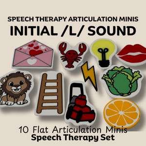 May include: A set of 10 flat articulation minis for speech therapy. The set includes various colorful shapes and images, such as a pink envelope, a red lobster, a yellow lightbulb, and a lion. The text "INITIAL /L/ SOUND" is displayed.