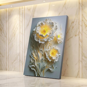 May include: A floral canvas art piece featuring three large, white flowers with yellow centers and a light gray background. The flowers have a 3D effect, with detailed petals and stems.