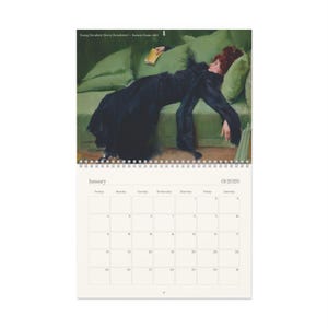 May include: A calendar with a painting of a person in a black dress resting on a green sofa, holding a book. The calendar shows the month of January and the year 2020.