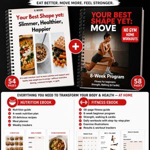 Peut inclure: Un ensemble de fitness et de nutrition comprenant deux livres numériques à reliure spirale intitulés Your Best Shape Yet. Le guide nutritionnel compte 54 pages et le programme de fitness 58 pages, incluant des plans de repas et des exercices.