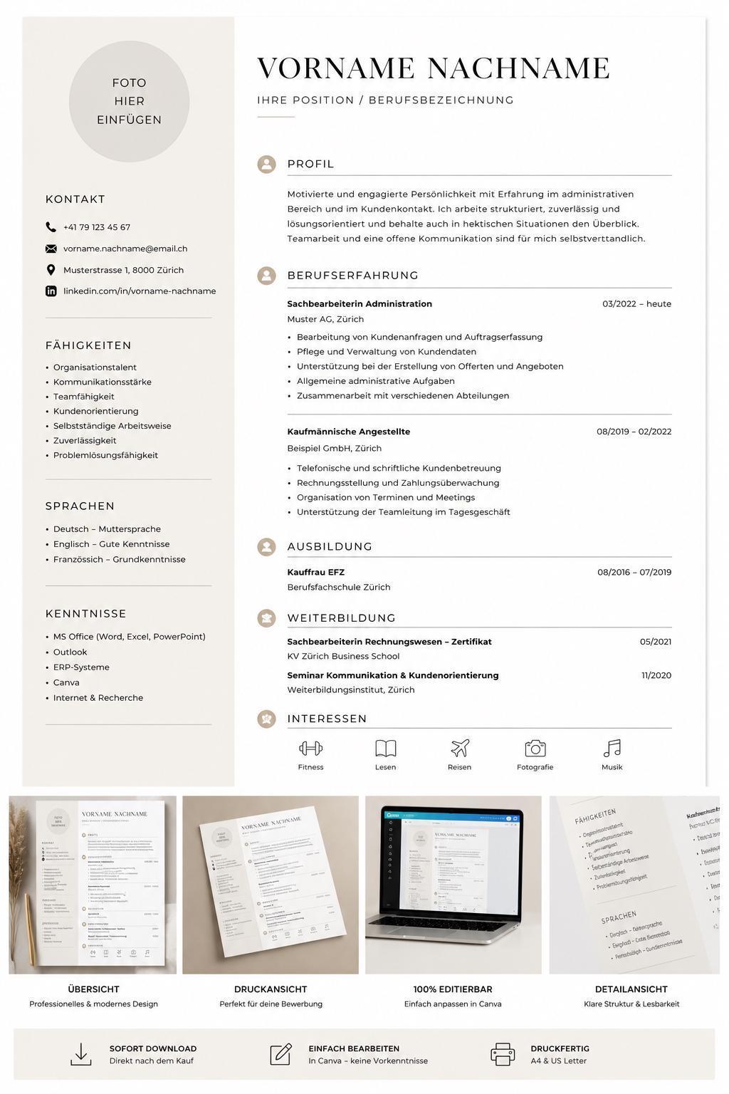 Canva CV Template | Modern CV Switzerland | Application Template German ...