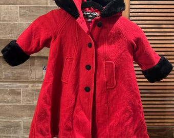 Robe-manteau vintage Stephanie Mathews pour enfant, rouge, en laine, à capuche et bordure en fausse fourrure, taille 2T