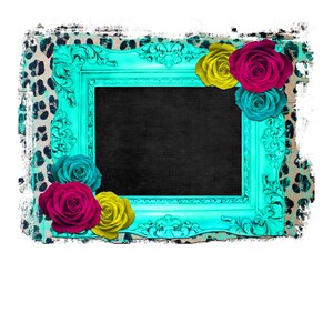 Blue Frame with Flowers, Vintage Frame, Leopard Print Digital Download, PNG